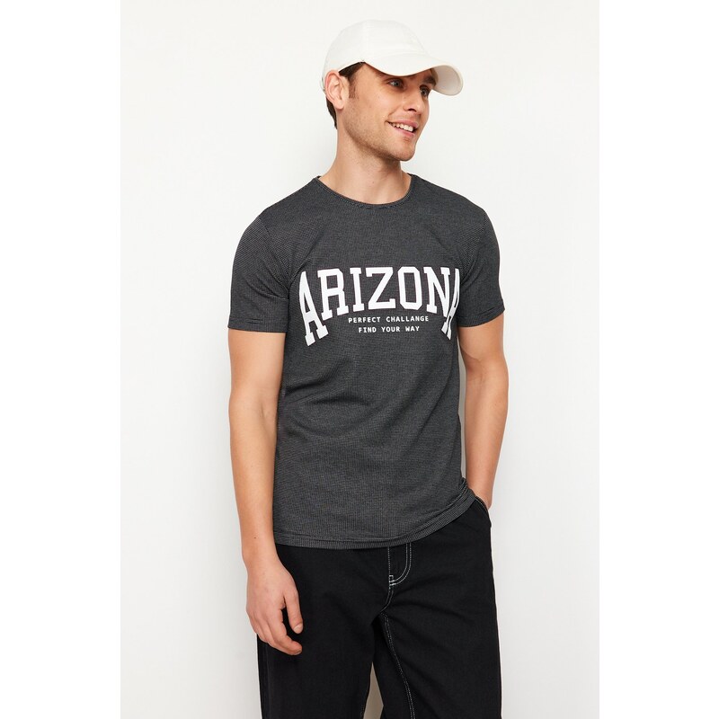 Trendyol Black Regular/Normal Fit Textured Text Printed T-Shirt