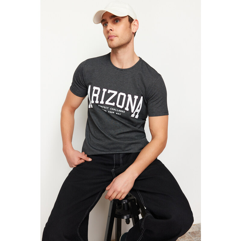 Trendyol Black Regular/Normal Fit Textured Text Printed T-Shirt