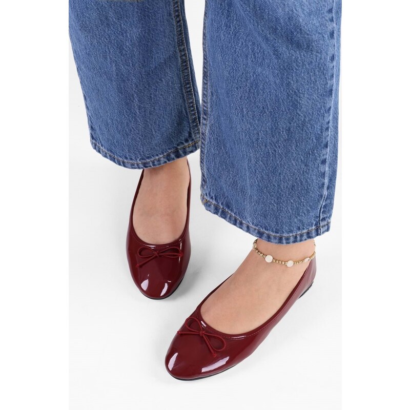 Shoeberry Women's Baily Burgundy Patent Leather Bow Daily Flats
