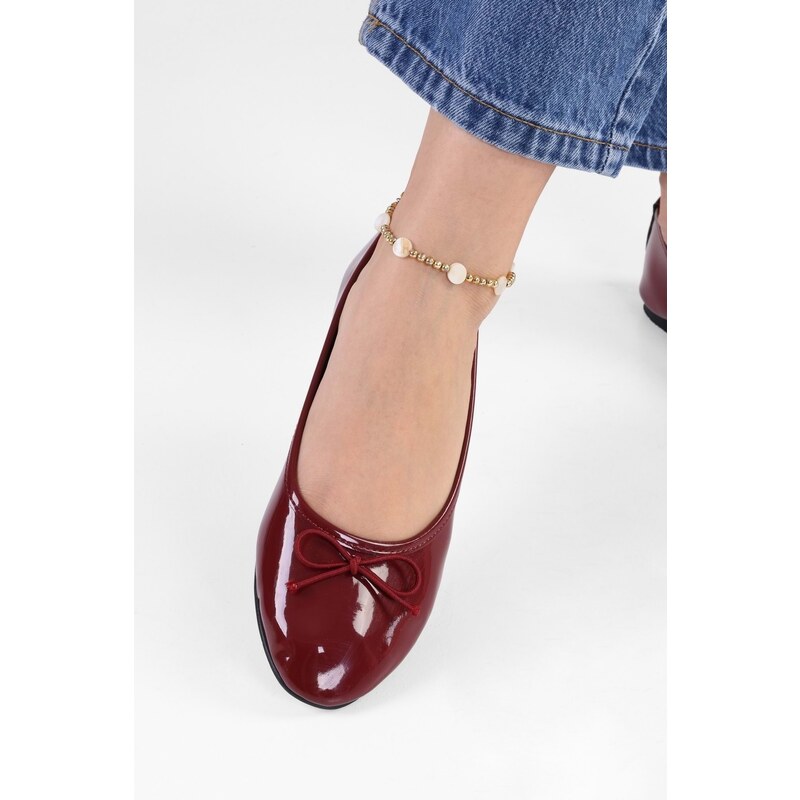 Shoeberry Women's Baily Burgundy Patent Leather Bow Daily Flats