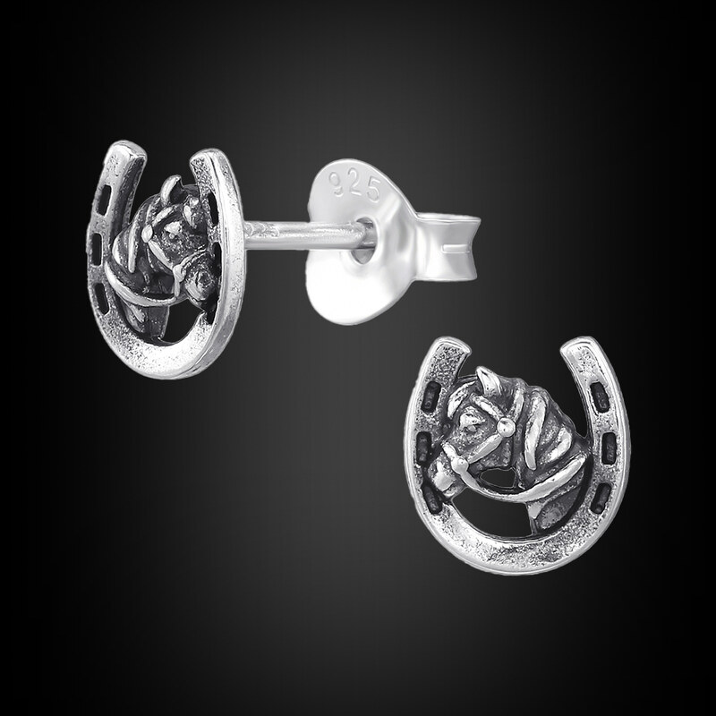 *Stříbrné náušnice ve tvaru podkovy zdobené hlavou koně | DG Šperky | Stříbro 925/1000