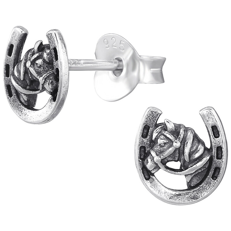 *Stříbrné náušnice ve tvaru podkovy zdobené hlavou koně | DG Šperky | Stříbro 925/1000