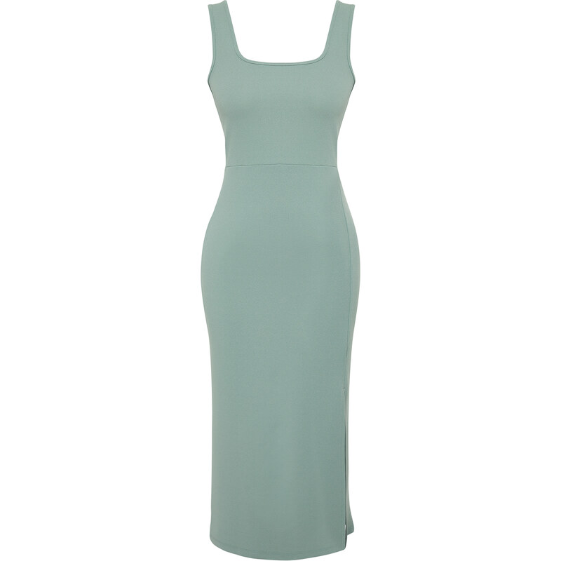 Trendyol Mint Fitted Square Neck Elastic Knitted Midi Dress With Slit