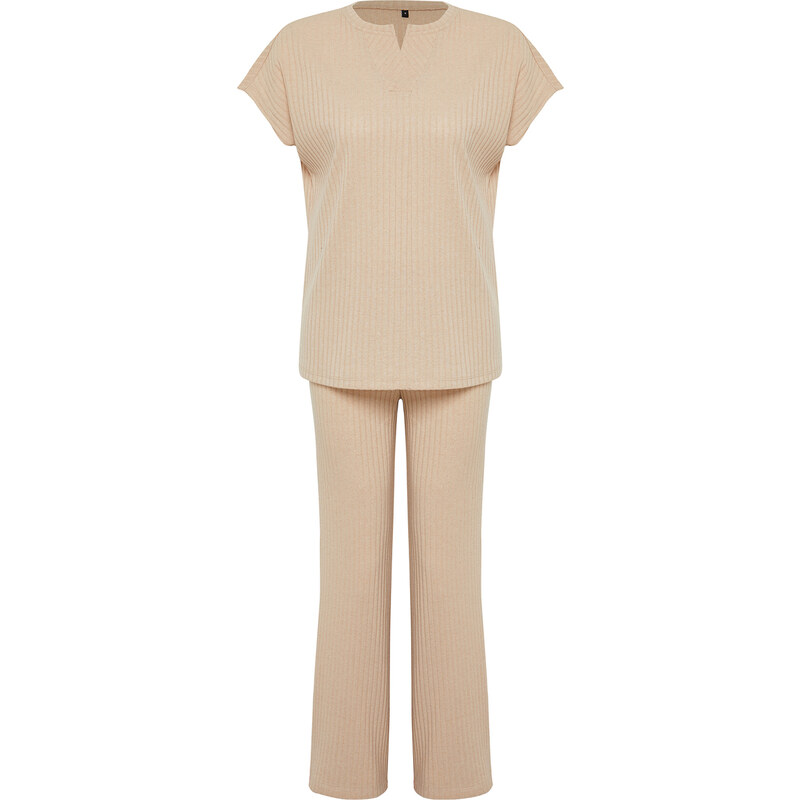 Trendyol Beige Ribbed Collar Detailed Knitted Pajamas Set