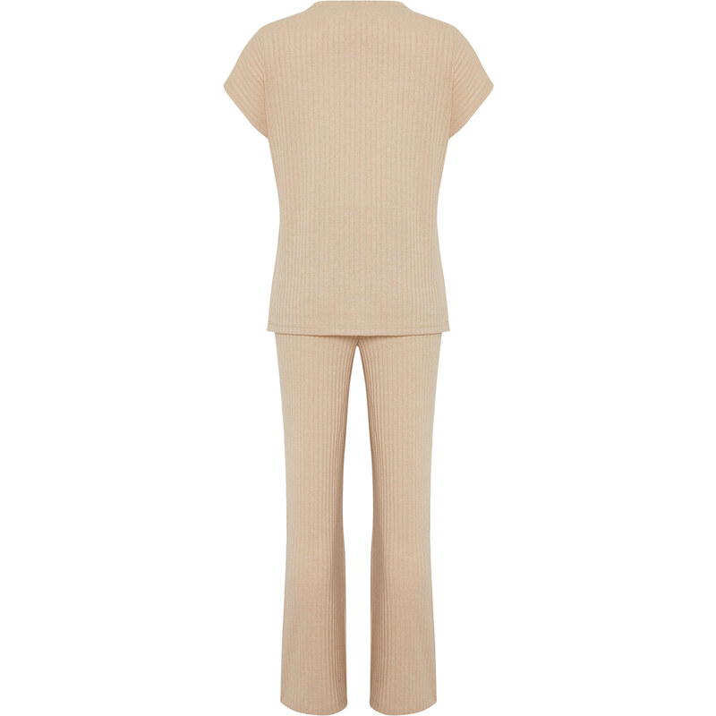 Trendyol Beige Ribbed Collar Detailed Knitted Pajamas Set