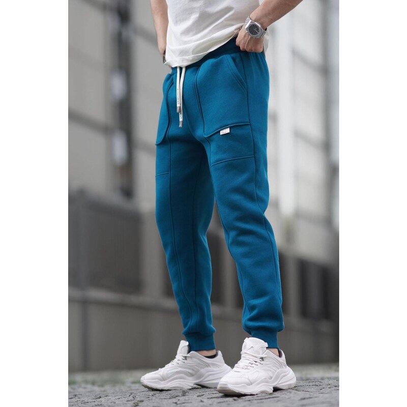 Madmext Petrol Blue Cargo Pocket Basic Sweatpants 6527