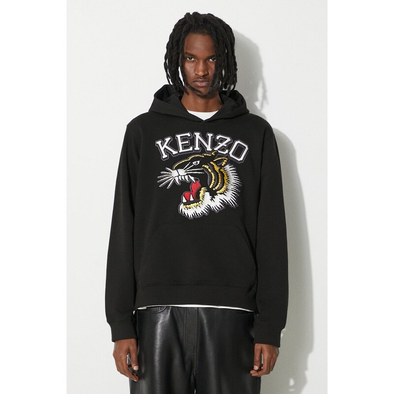 Bavlněná mikina Kenzo Tiger Varsity Slim Hoodie pánská, černá barva, s kapucí, s aplikací, FE55SW1864MF.99J