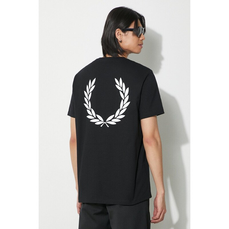 Bavlněné tričko Fred Perry Rear Powder Laurel Graphic Tee černá barva, s aplikací, M7784.102