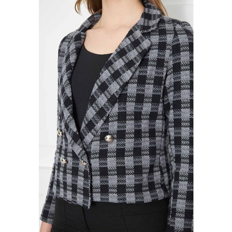 armonika Women's Smoky Double Breasted Collar Tweed Crop Jacket