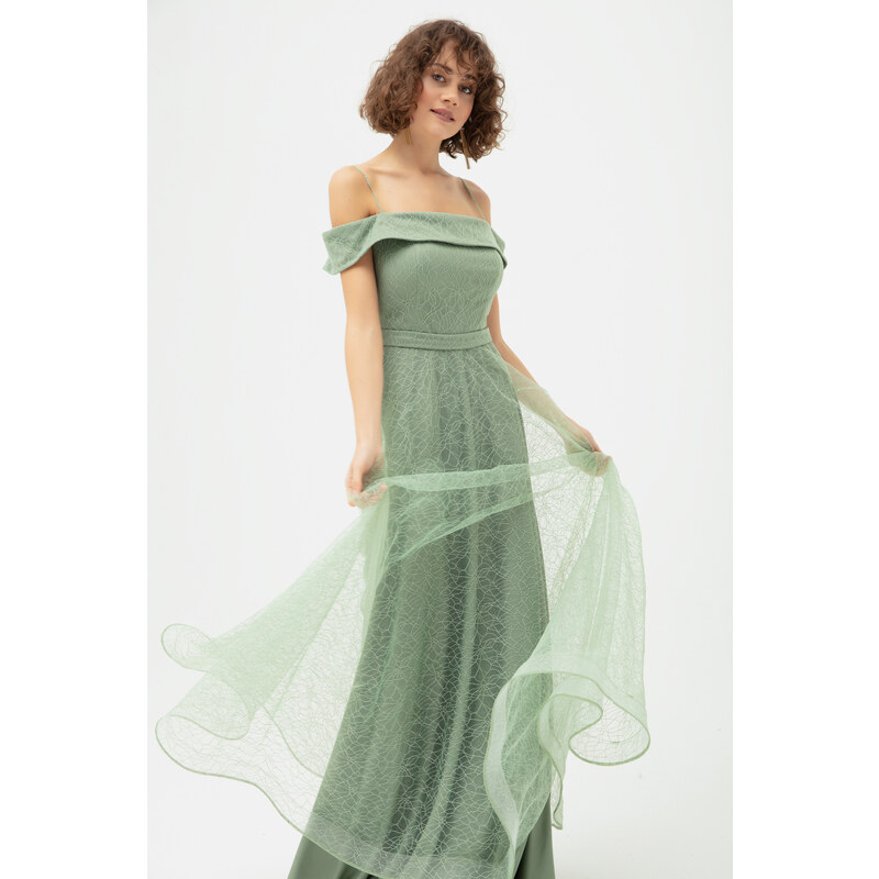 Lafaba Women's Mint Green Boat Neck Silvery Long Evening Dress