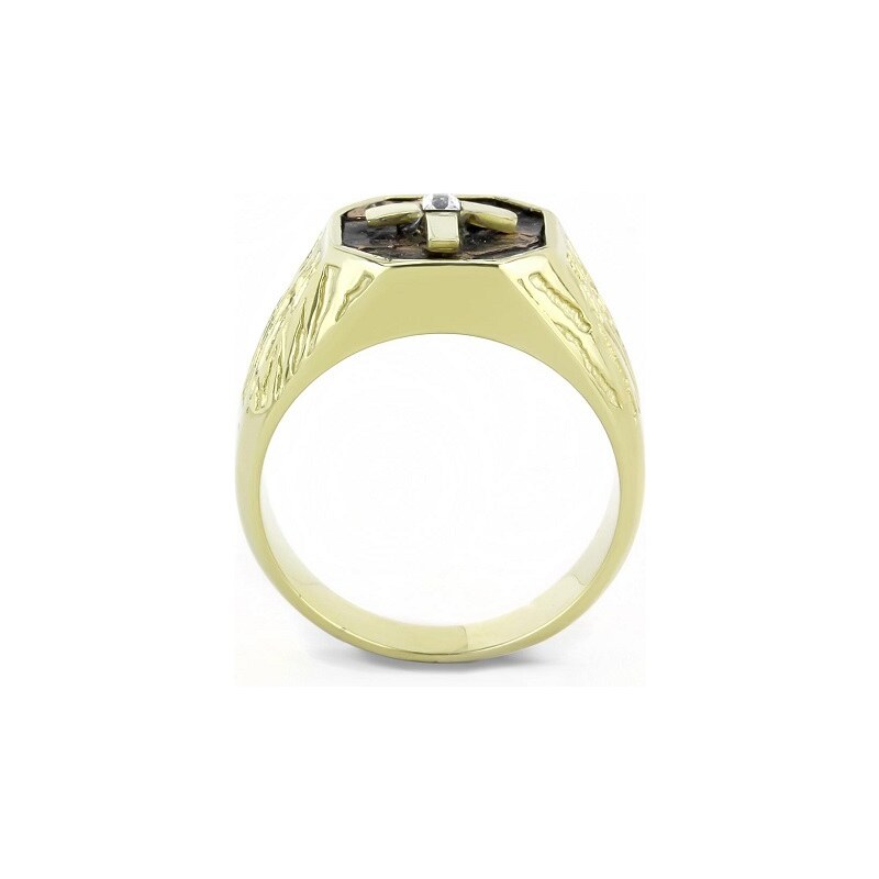 US Ocelový, pozlacený prsten s Crystalem a kůží Ocel 316 - Křížek Lewis