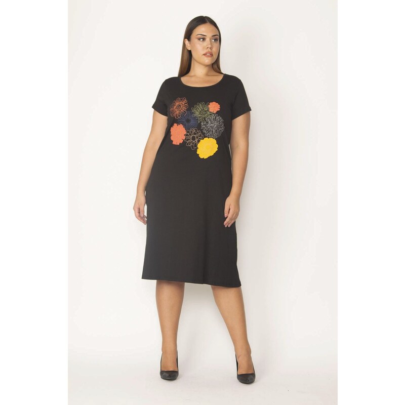 Şans Women's Plus Size Black Embroidered Viscose Dress