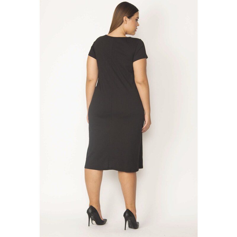 Şans Women's Plus Size Black Embroidered Viscose Dress