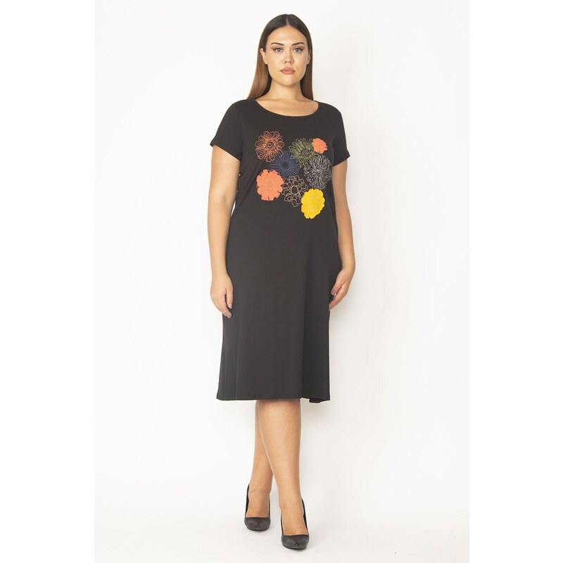 Şans Women's Plus Size Black Embroidered Viscose Dress