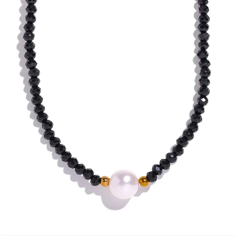 Éternelle Náhrdelník s bílou perlou a černými krystaly, chirurgická ocel