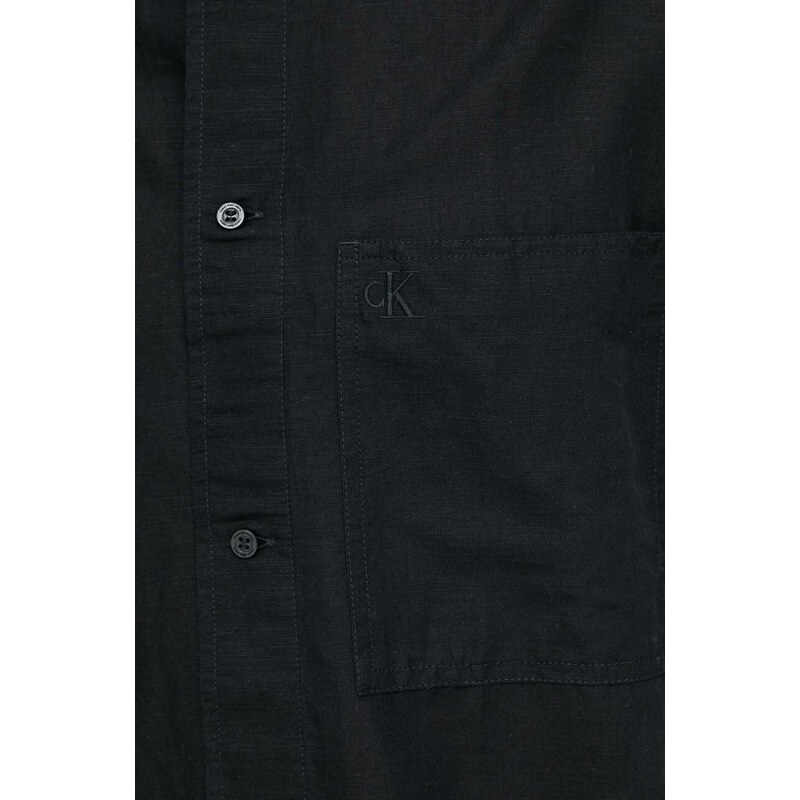 Lněná košile Calvin Klein Jeans černá barva, relaxed