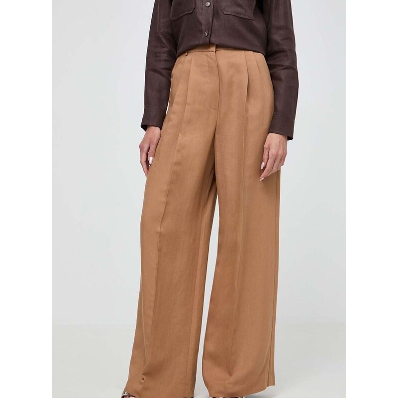 Kalhoty s lněnou směsí Weekend Max Mara hnědá barva, široké, high waist
