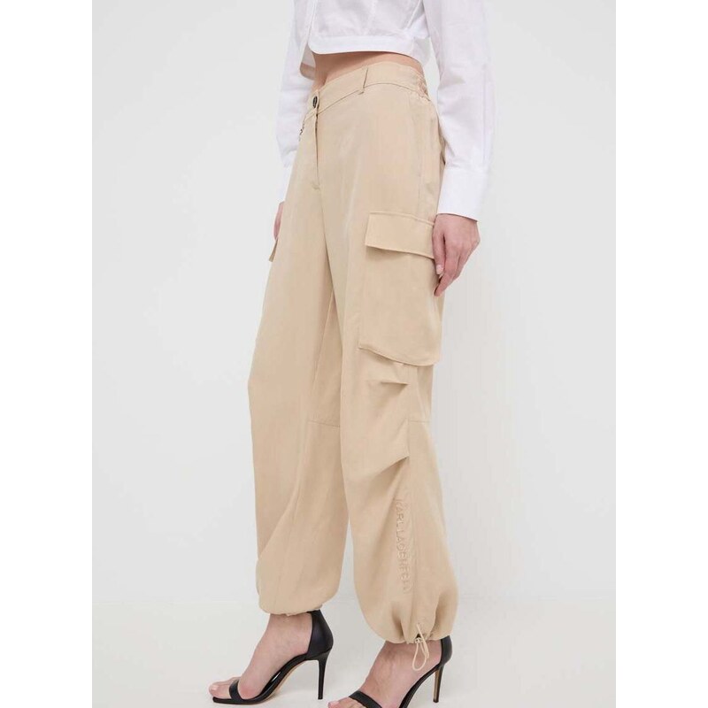 Kalhoty s příměsí lnu Karl Lagerfeld béžová barva, kapsáče, high waist