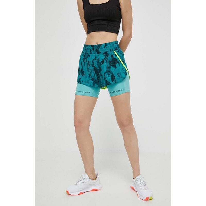 Tréninkové šortky Under Armour Project Rock zelená barva, vzorované, medium waist