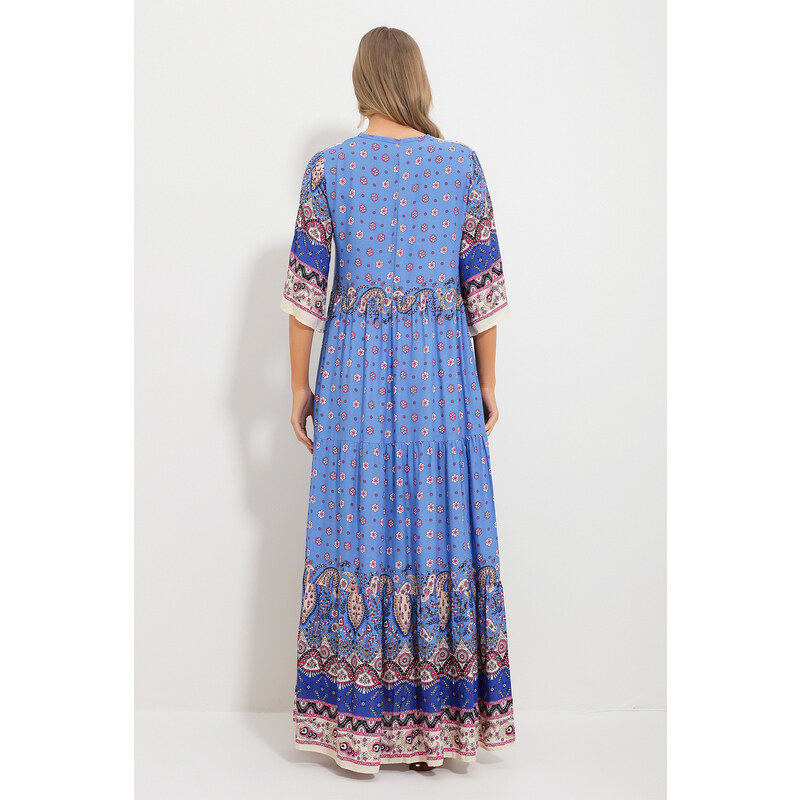 Trend Alaçatı Stili Women's Light Blue Front Laced Patterned Woven Viscose Dress