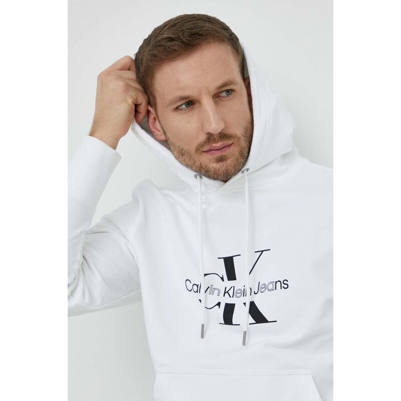 Bavlněná mikina Calvin Klein Jeans pánská, bílá barva, s kapucí, s potiskem