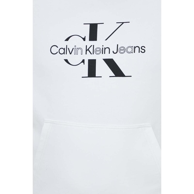Bavlněná mikina Calvin Klein Jeans pánská, bílá barva, s kapucí, s potiskem