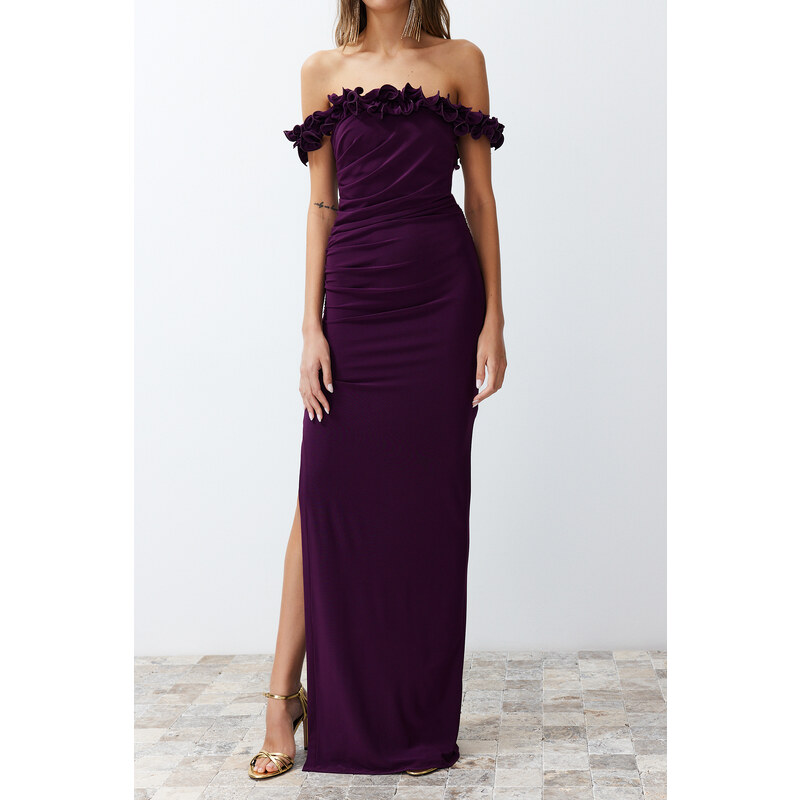 Trendyol Damson Fitted Knitted Long Evening Evening Dress