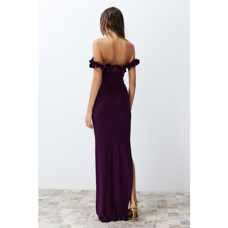 Trendyol Damson Fitted Knitted Long Evening Evening Dress