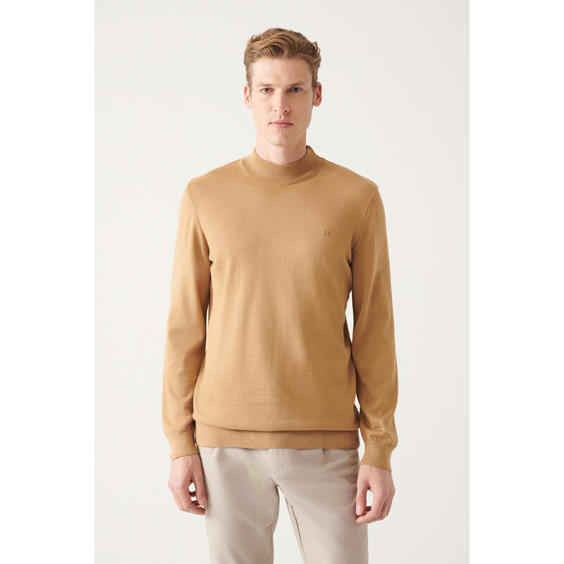 Avva Men's Beige Half Turtleneck Wool Blended Regular Fit Knitwear Sweater