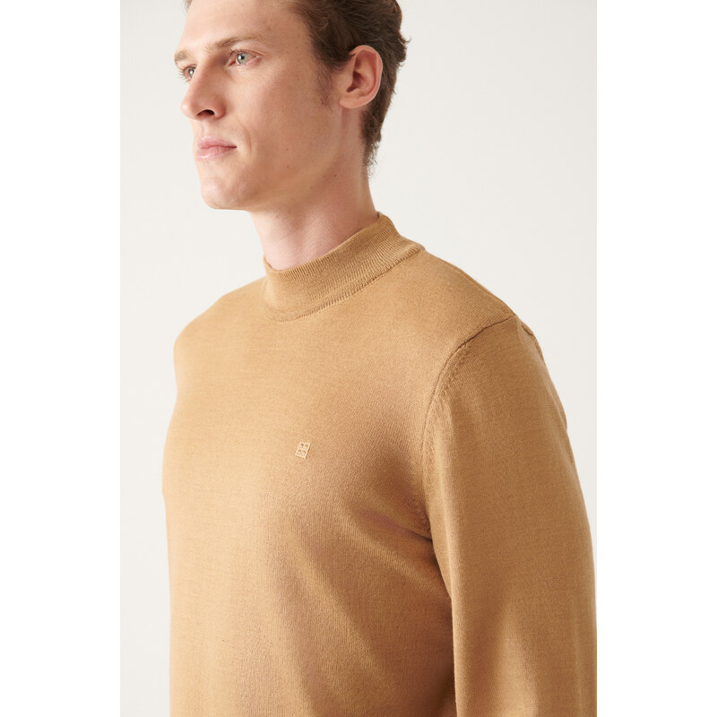 Avva Men's Beige Half Turtleneck Wool Blended Regular Fit Knitwear Sweater