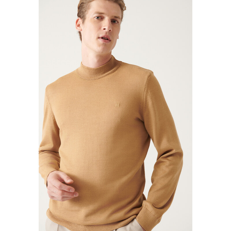 Avva Men's Beige Half Turtleneck Wool Blended Regular Fit Knitwear Sweater