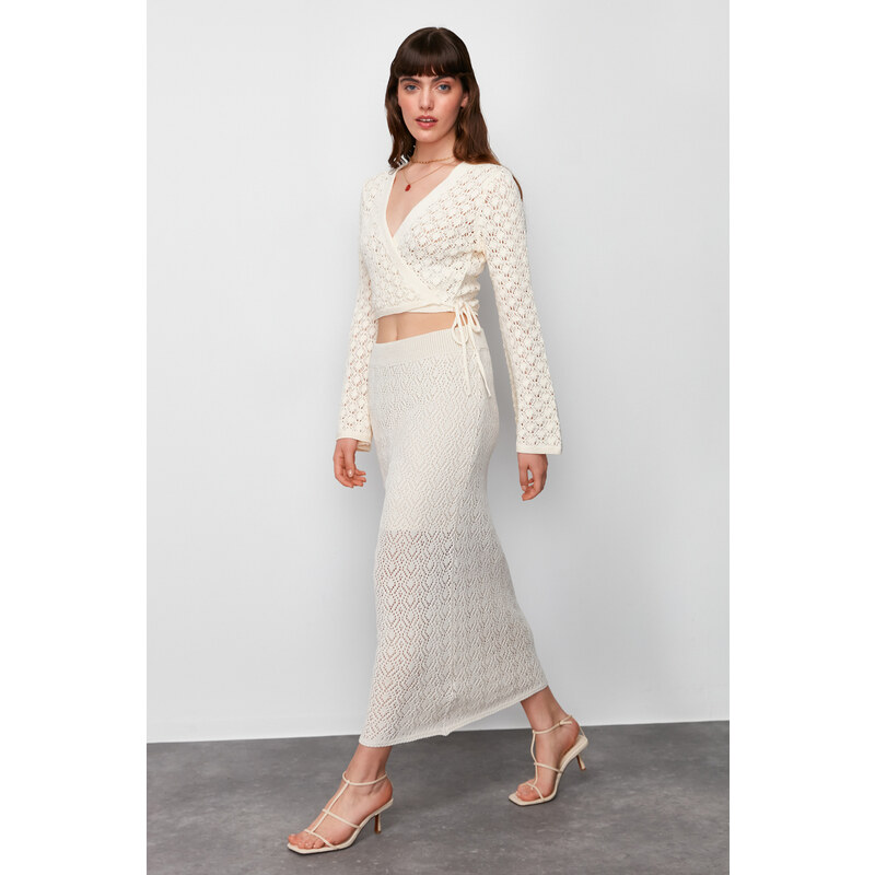 Trendyol Stone Midi Lined Openwork/Perforated Knitwear Skirt