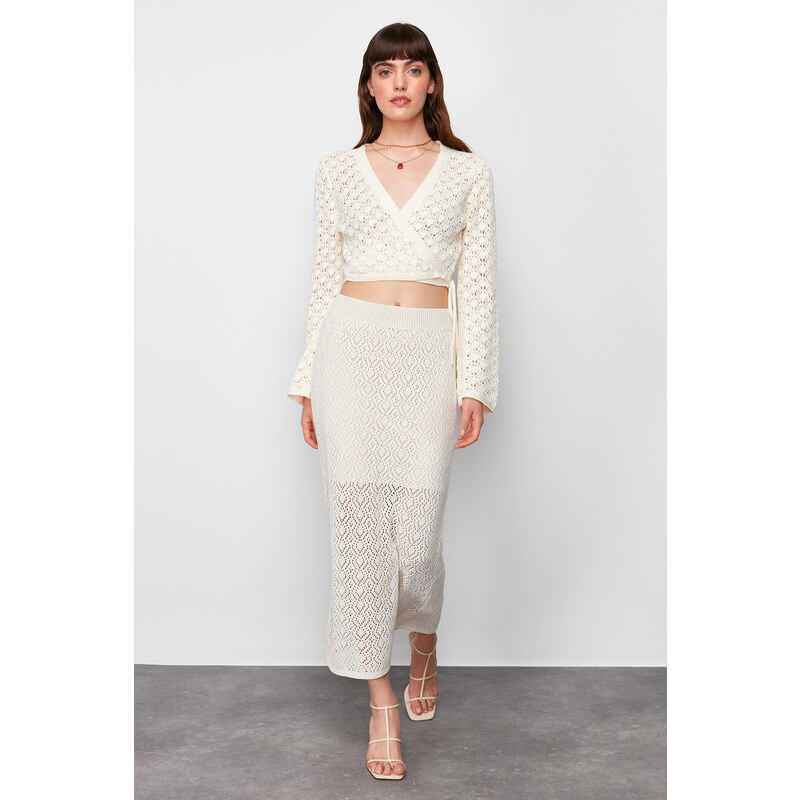 Trendyol Stone Midi Lined Openwork/Perforated Knitwear Skirt