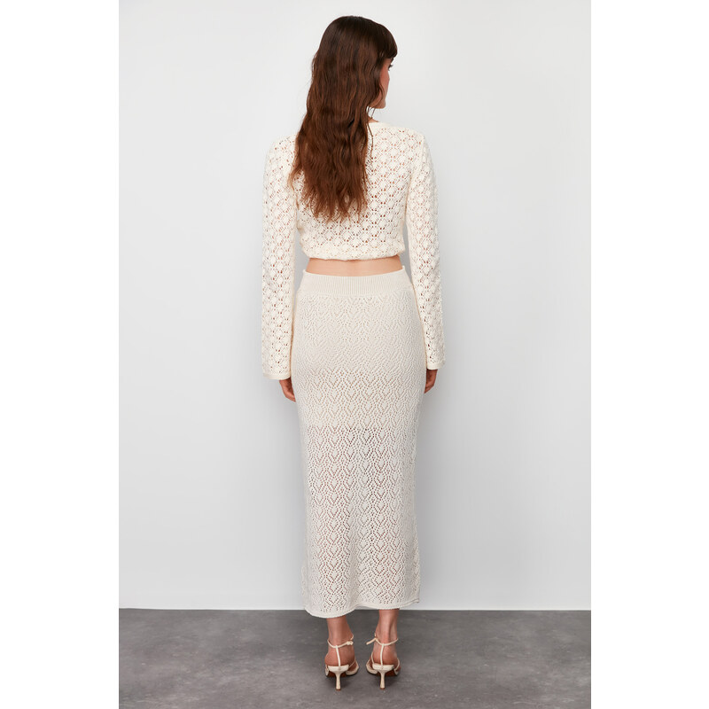 Trendyol Stone Midi Lined Openwork/Perforated Knitwear Skirt