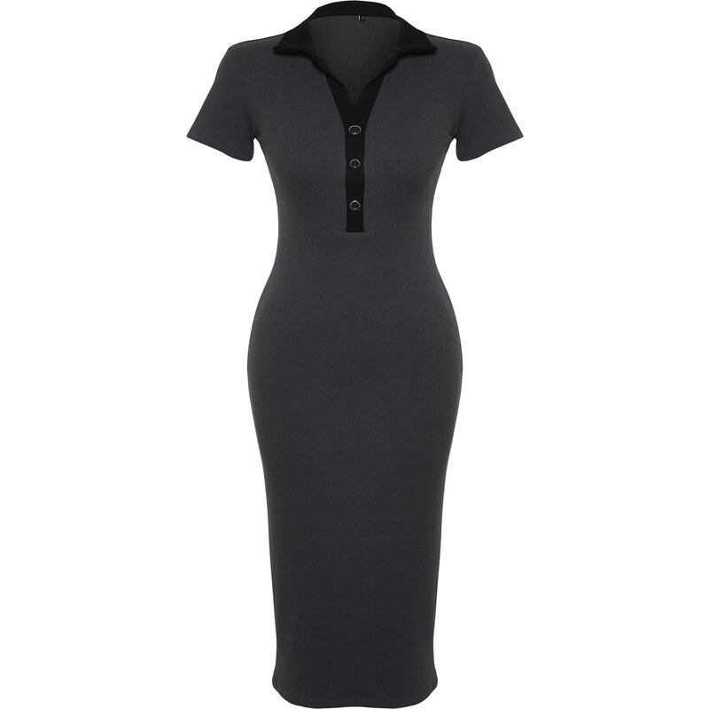 Trendyol Anthracite Snap-On Polo Neck Ribbed Fitted/Sleeping Elastic Knitted Midi Dress
