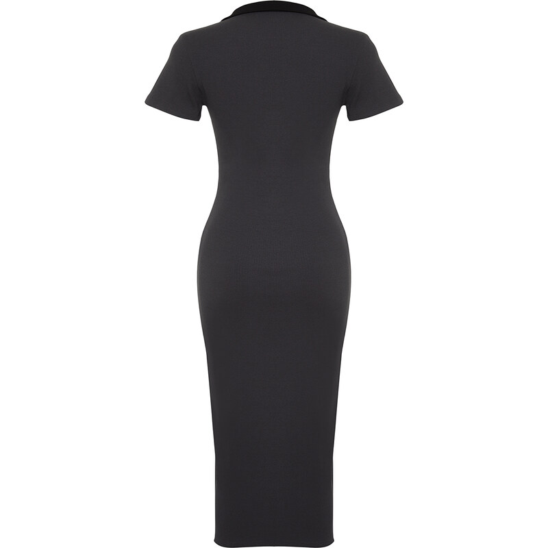 Trendyol Anthracite Snap-On Polo Neck Ribbed Fitted/Sleeping Elastic Knitted Midi Dress