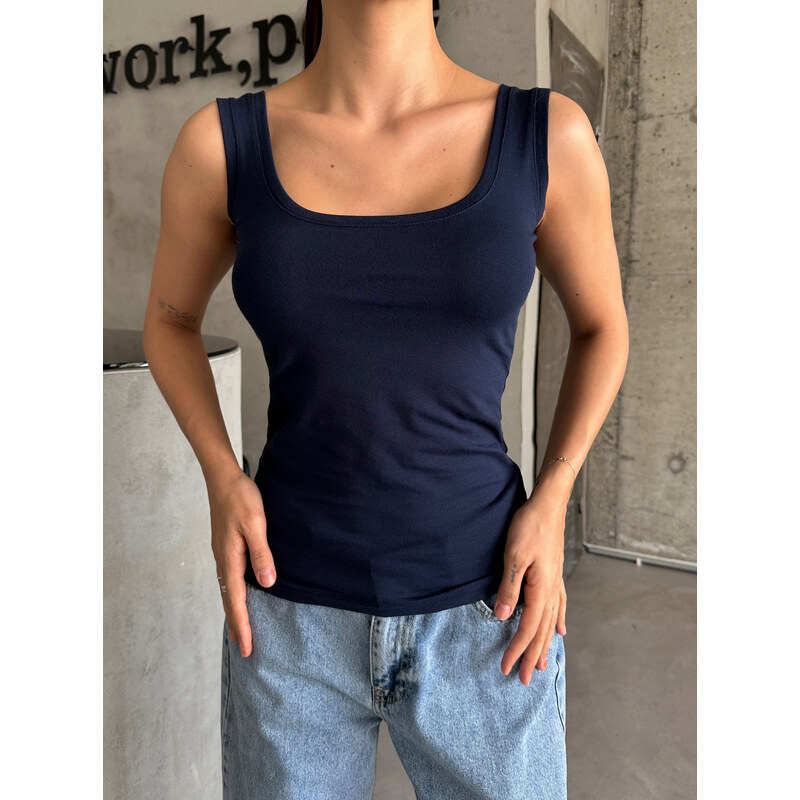 Laluvia Navy Blue Oval Neck Undershirt