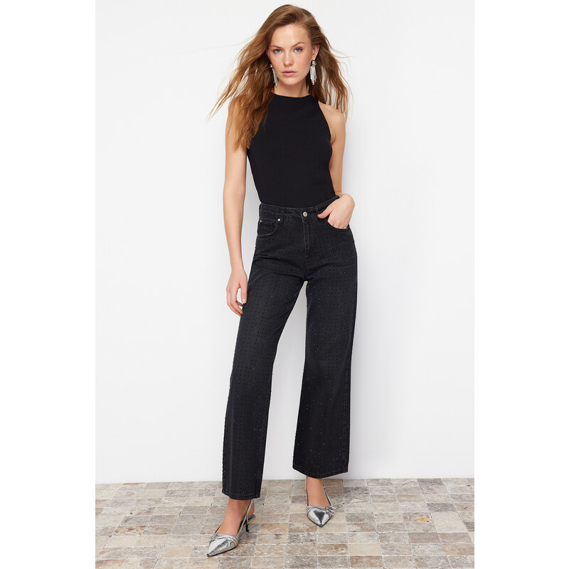 Trendyol Black Stone Detailed High Waist Wide Leg Jeans