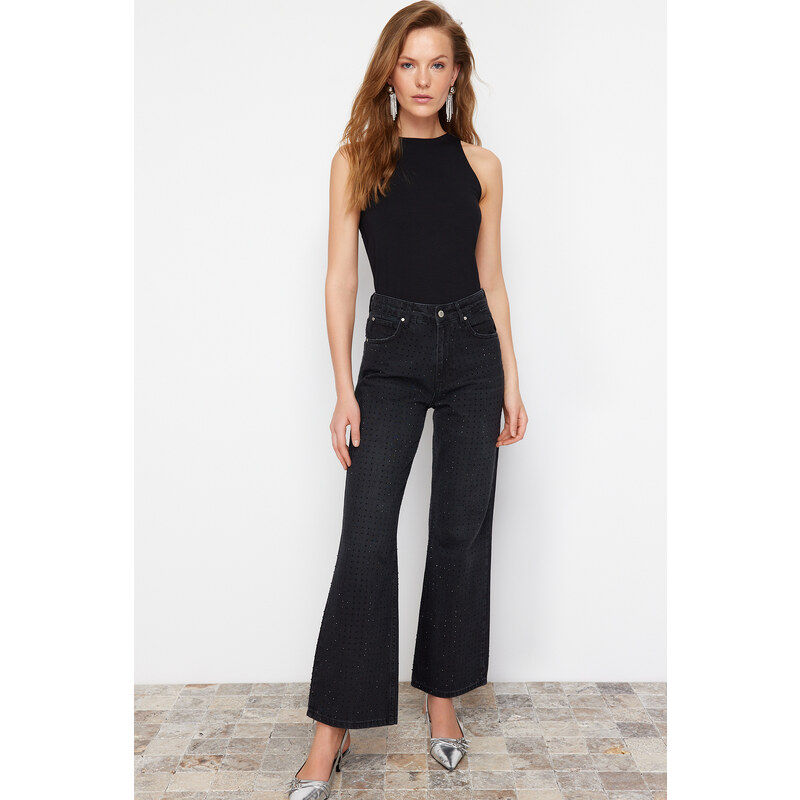 Trendyol Black Stone Detailed High Waist Wide Leg Jeans