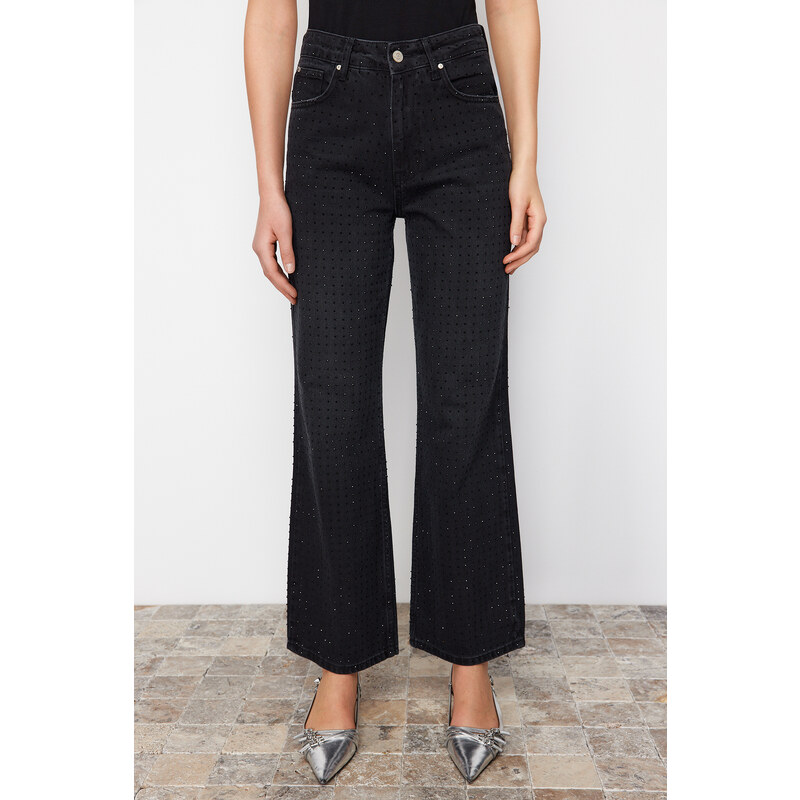 Trendyol Black Stone Detailed High Waist Wide Leg Jeans