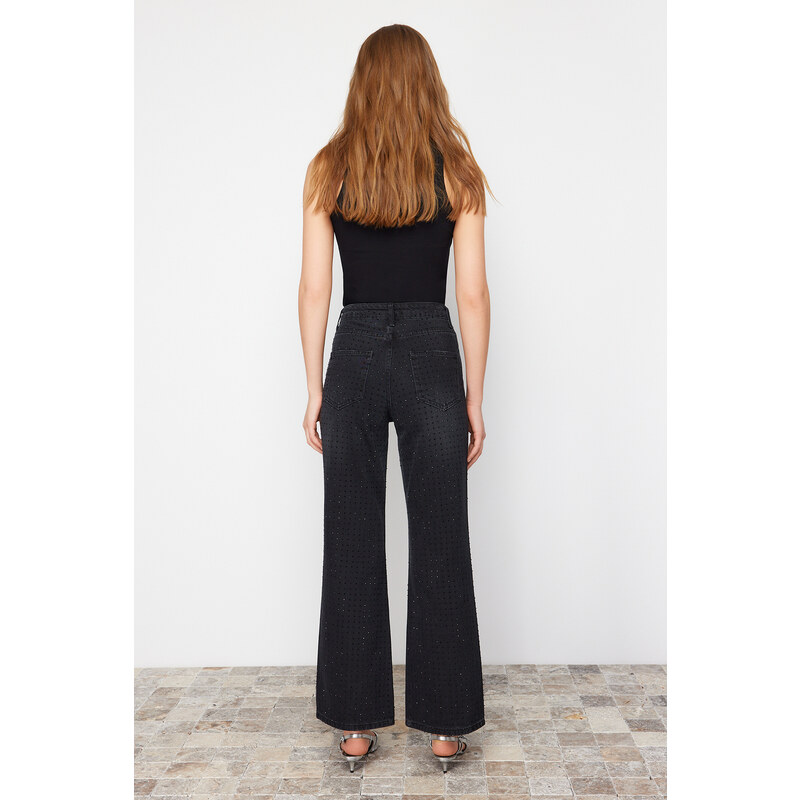 Trendyol Black Stone Detailed High Waist Wide Leg Jeans