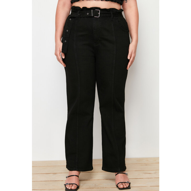 Trendyol Curve Černá vysoká pasová pásková prošívaná detailní džíny s rovným střihem
