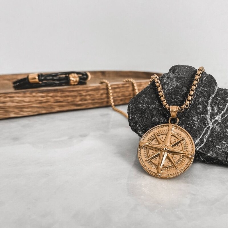 Manoki Pánský ocelový náhrdelník Jacopo Gold - kompas