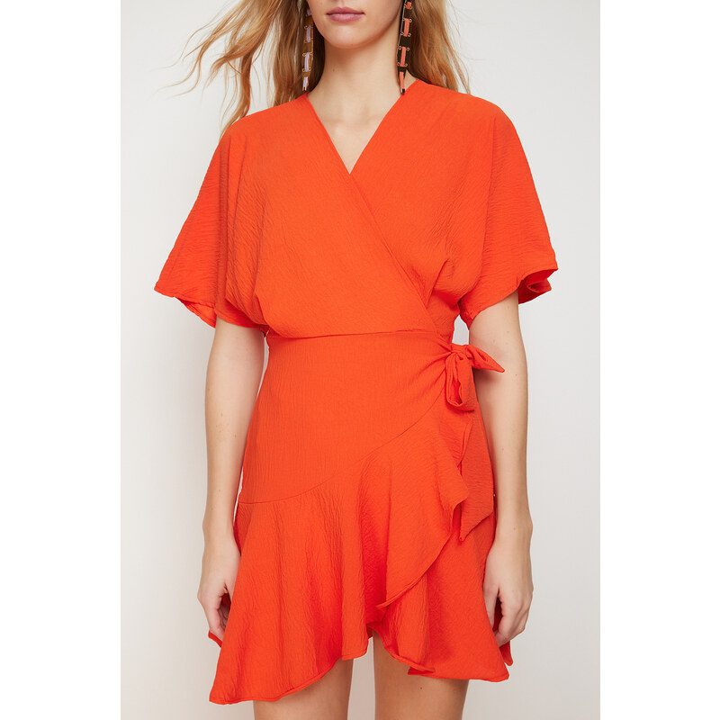 Trendyol Orange Double Breasted Skirt Flounced Mini Woven Dress