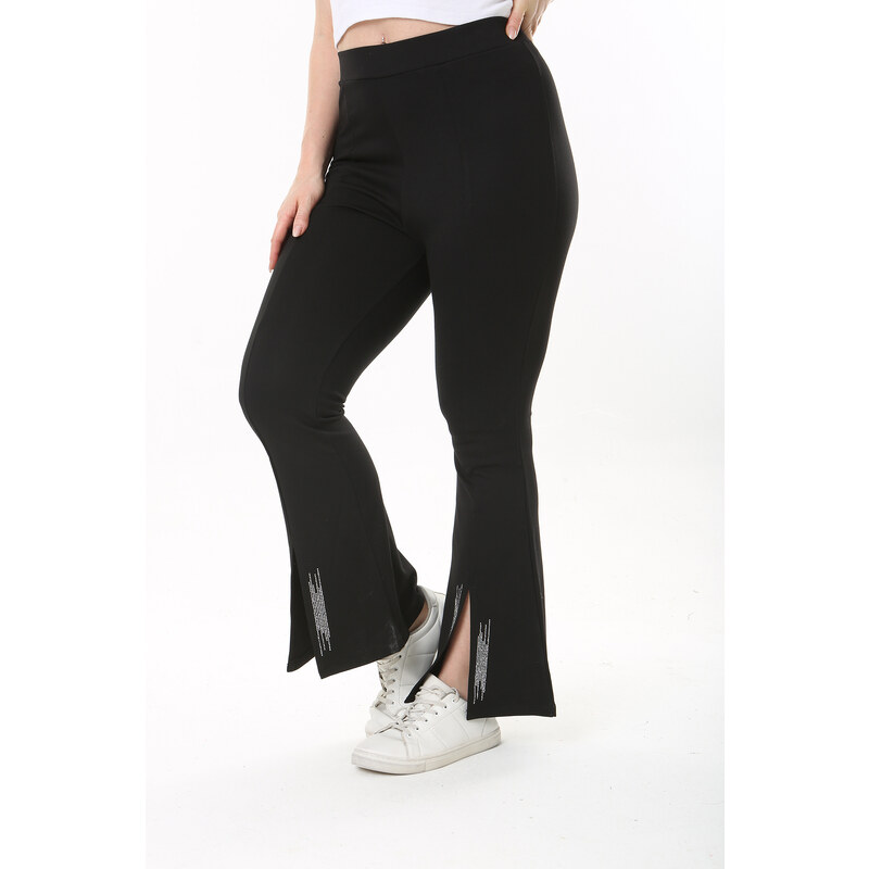 Şans Women's Plus Size Black Leg Stone And Slit Detail Lycra Trousers