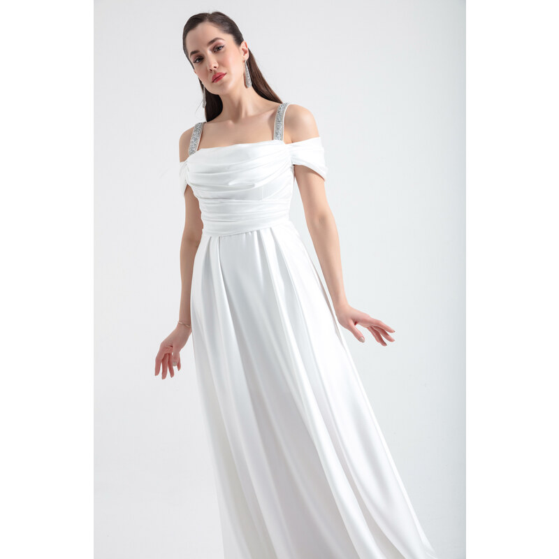 Lafaba Women's White Stone Strap Draped Long Satin Evening Dress