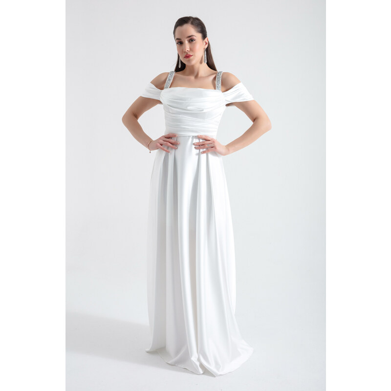 Lafaba Women's White Stone Strap Draped Long Satin Evening Dress