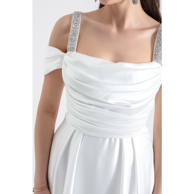 Lafaba Women's White Stone Strap Draped Long Satin Evening Dress