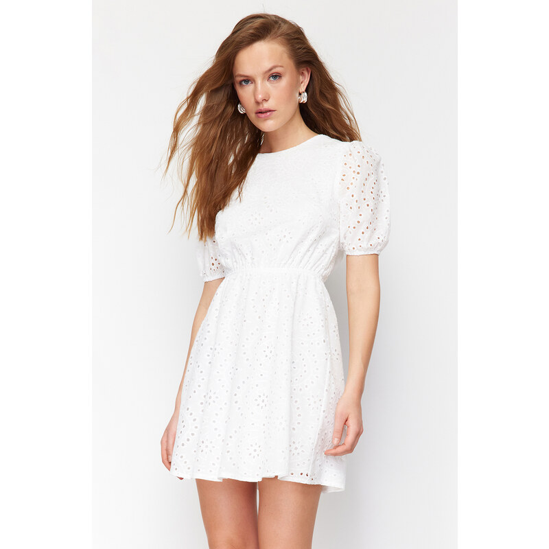 Trendyol Ecru A-Line Mini Embroidery Woven Dress with Elastic Waist