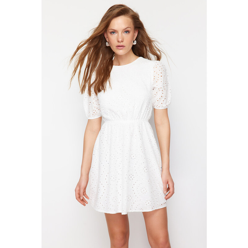 Trendyol Ecru A-Line Mini Embroidery Woven Dress with Elastic Waist